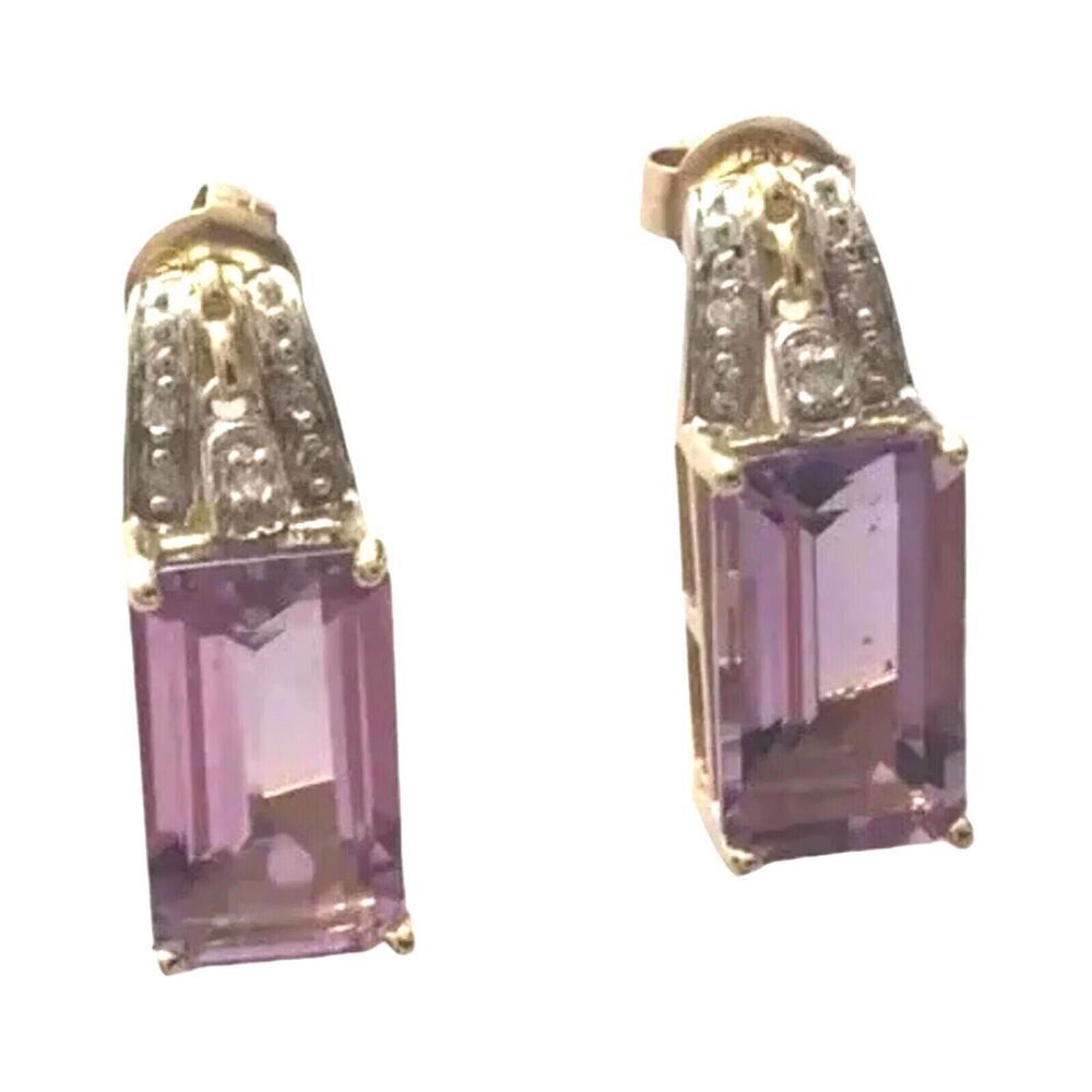 Vintage Emerald Cut Amethyst & Diamond Stud Earrings 10k Solid Yellow Gold